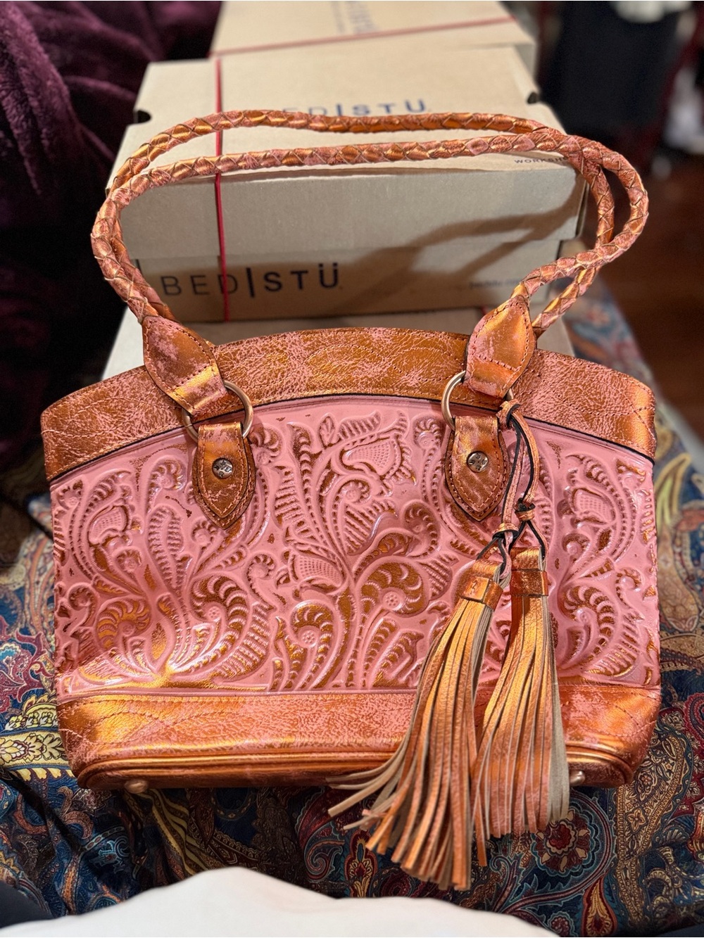Patricia Nash Burnt Coral Tooled Leather Shoulder Bag with Tassels